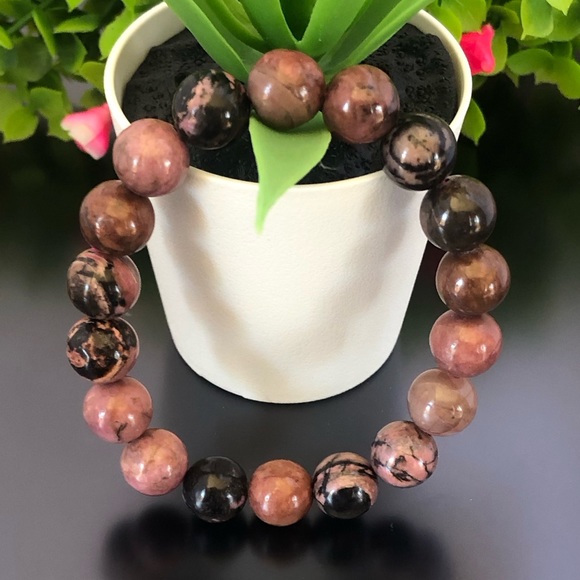 Rhodonite 10mm Natural Stone Beads Stretchable Bracelet - Picture 1 of 2